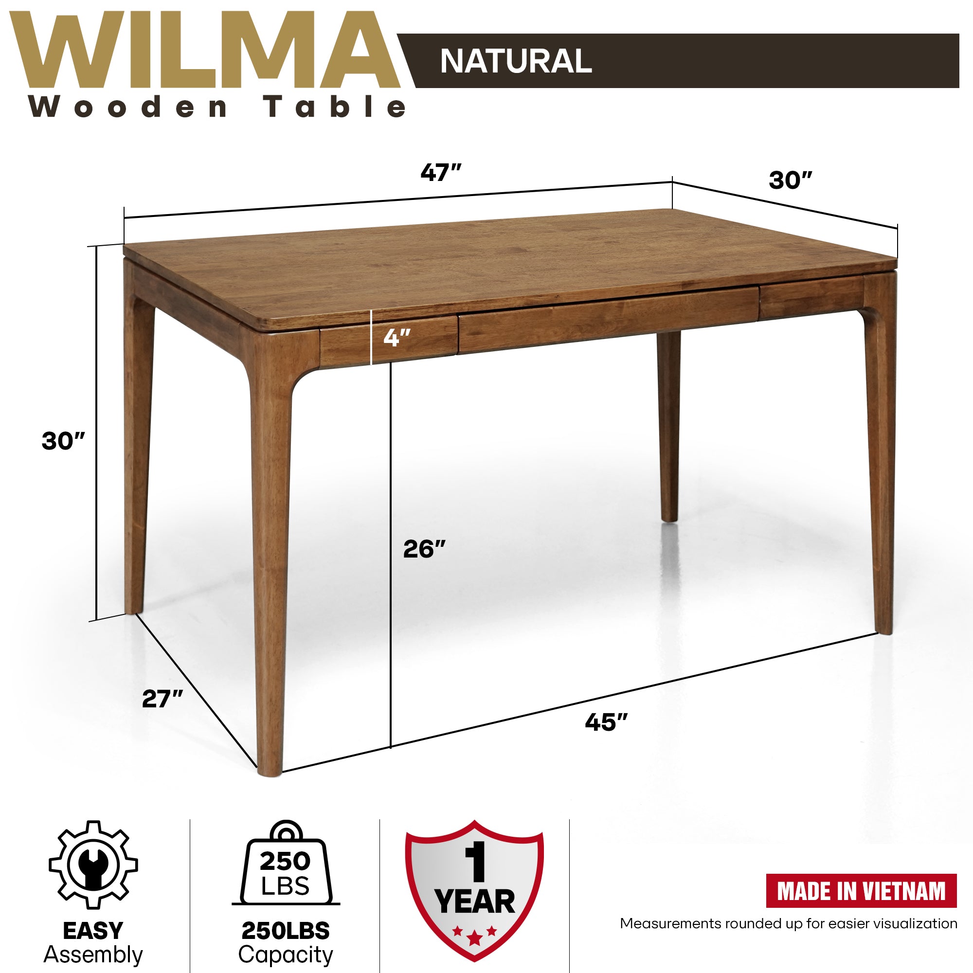 ACACIA Wilma 48” Rubber Wood Rectangular Writing Desk